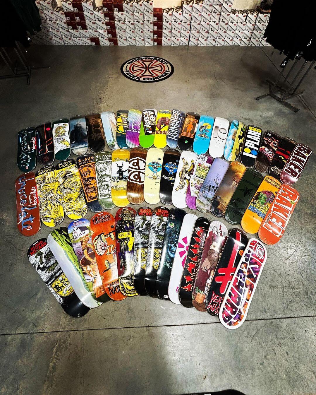 selection of skate decks  at Backwoods Snowboards and Skateboards in Auburn Maine