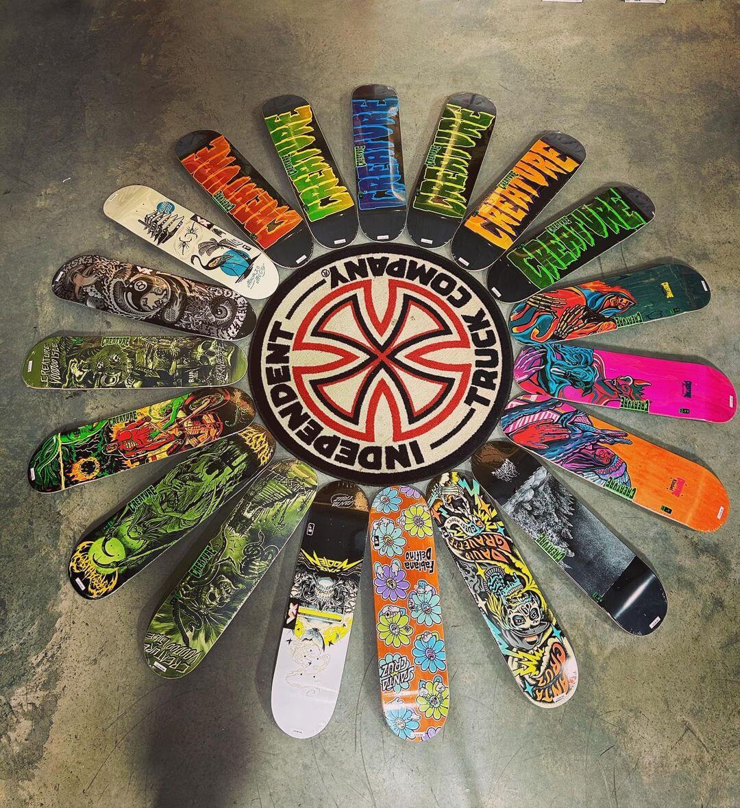 assortment of creature decks at Backwoods Snowboards and Skateboards in Auburn Maine